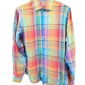 INSERCH Uomo 100% Linen Plaid Long Sleeve Button Down Shirt Size L